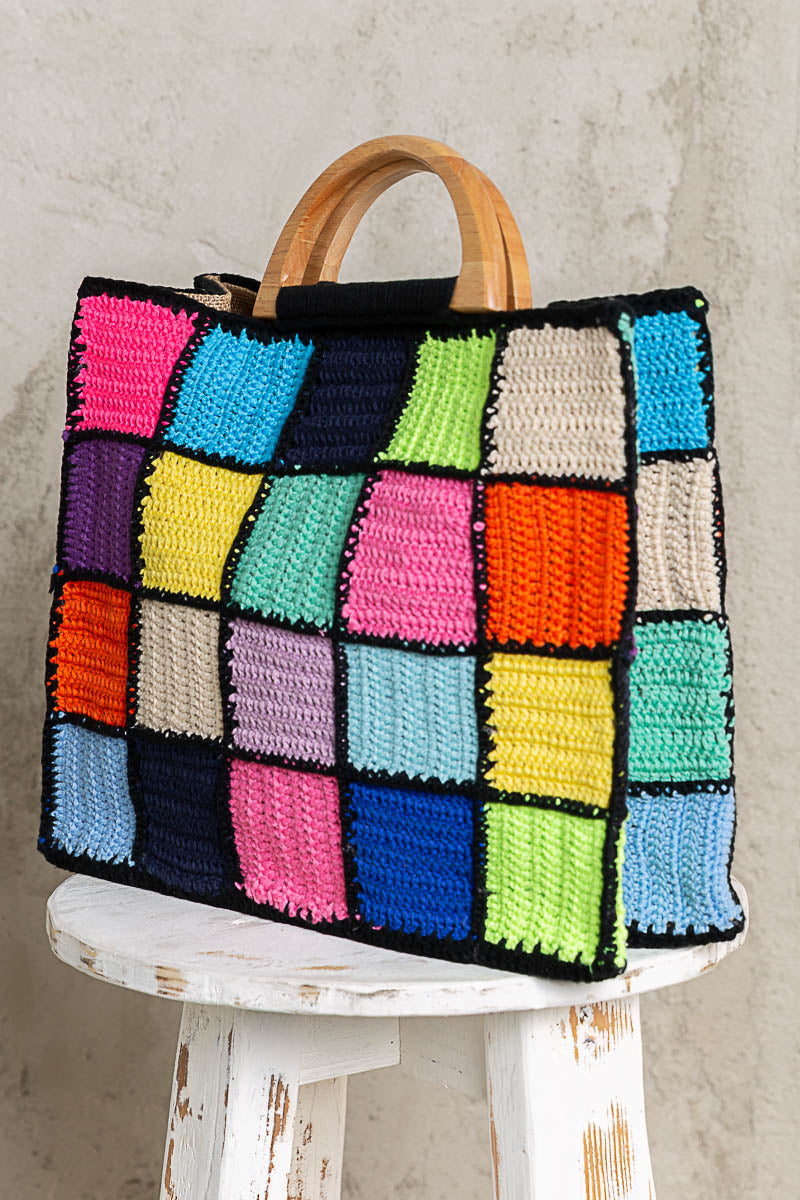 Large Multi-Colored Squares Crochet bag with wooden handles