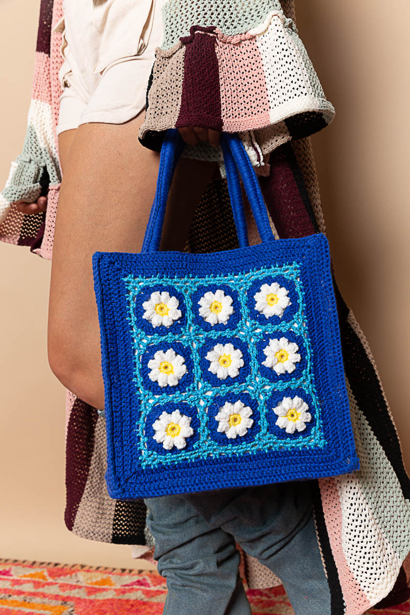 Medium Blue Daisy Crochet bag with crocheted handles