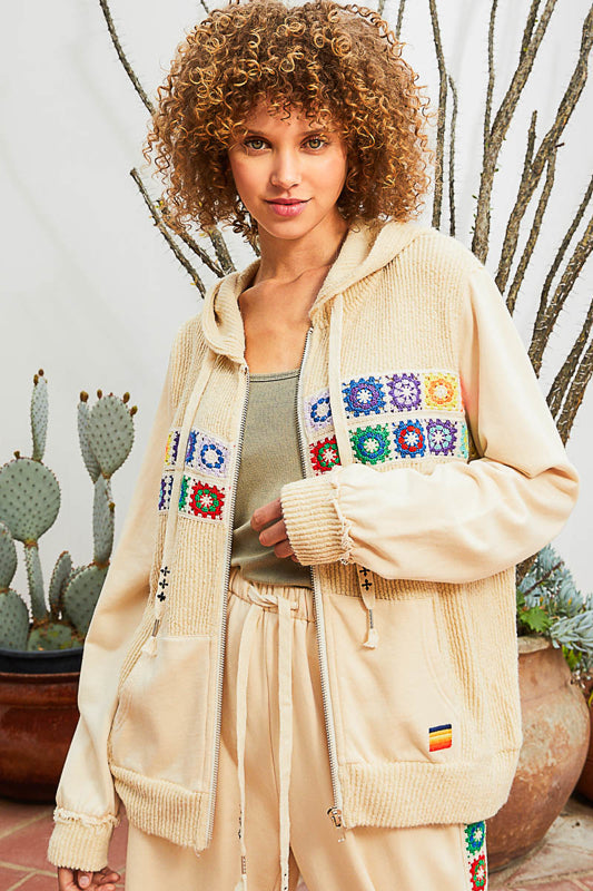 POL Granny Square Crochet Hooded Zipper Sweatshirt