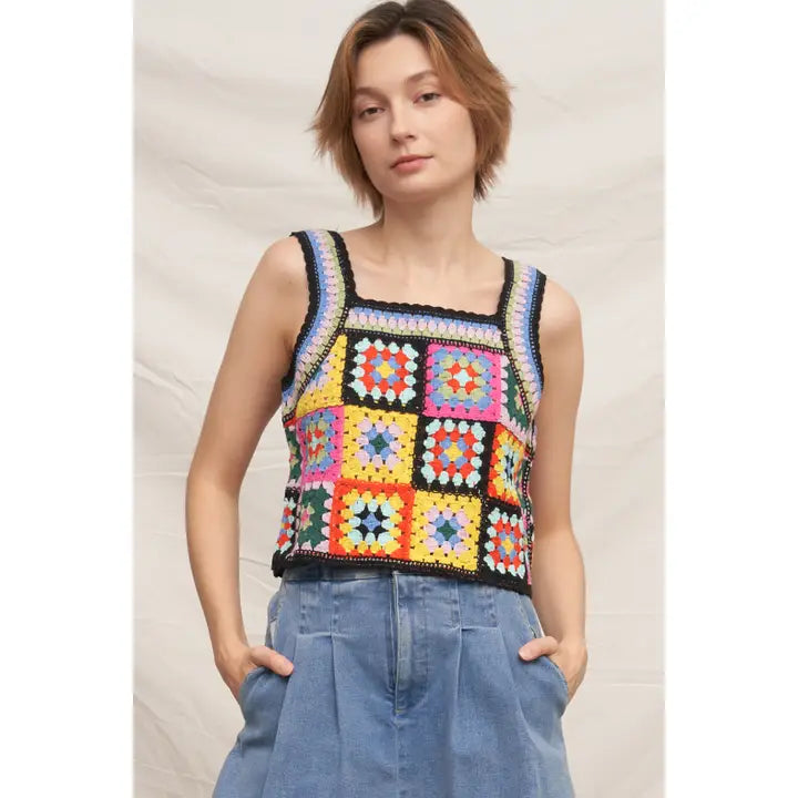 Sleeveless Crocheted Granny Square Tank Top