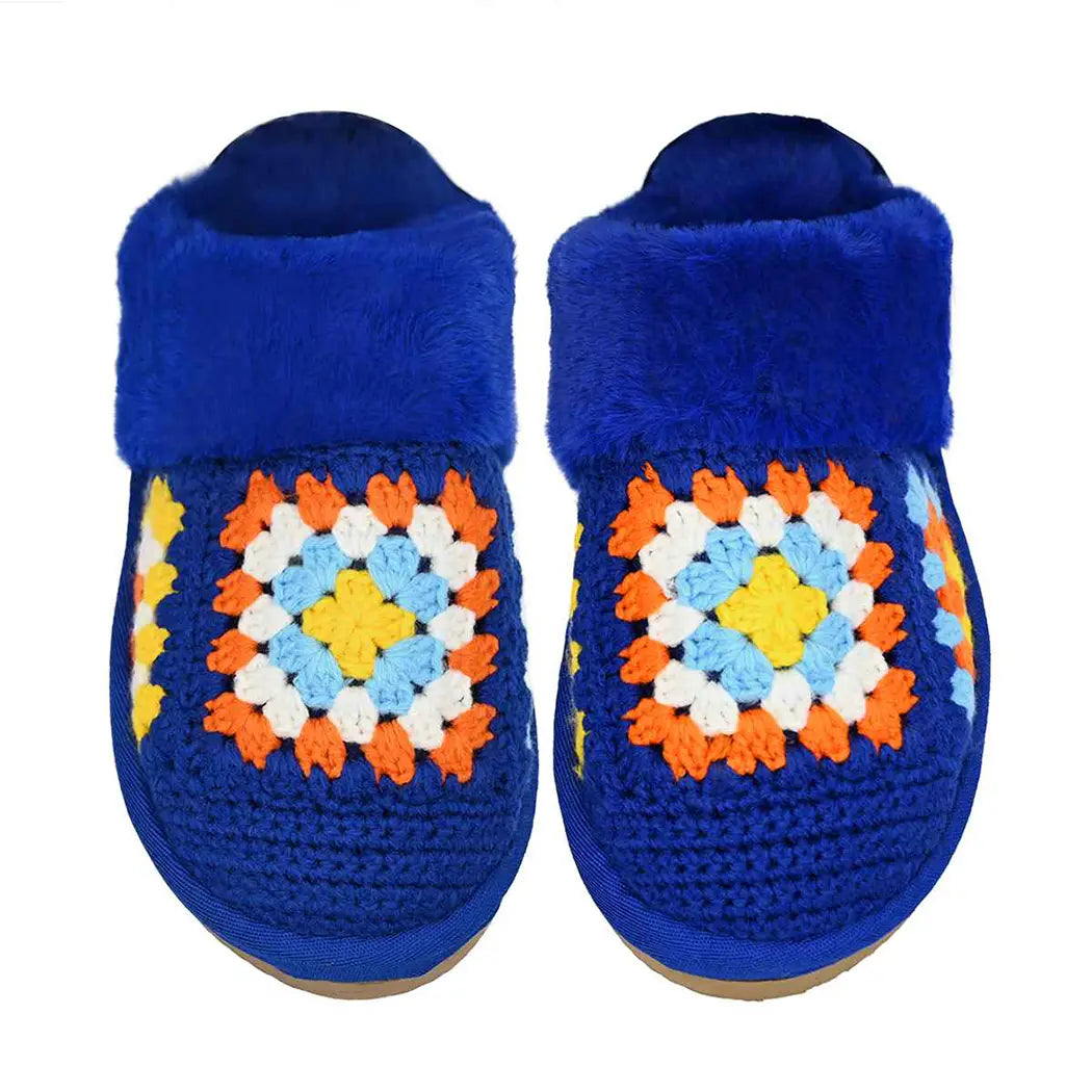 Blue - Handmade Crochet w Faux Fur Soft Slippers