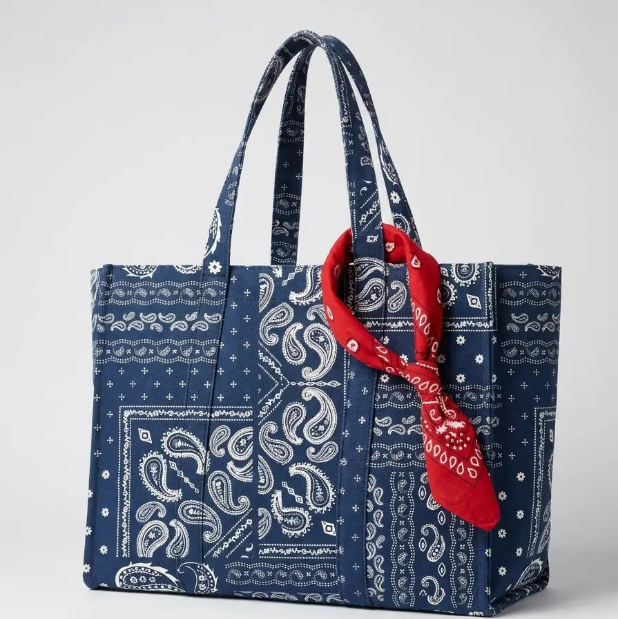 Blue & White Paisley Bandana Collage Tote