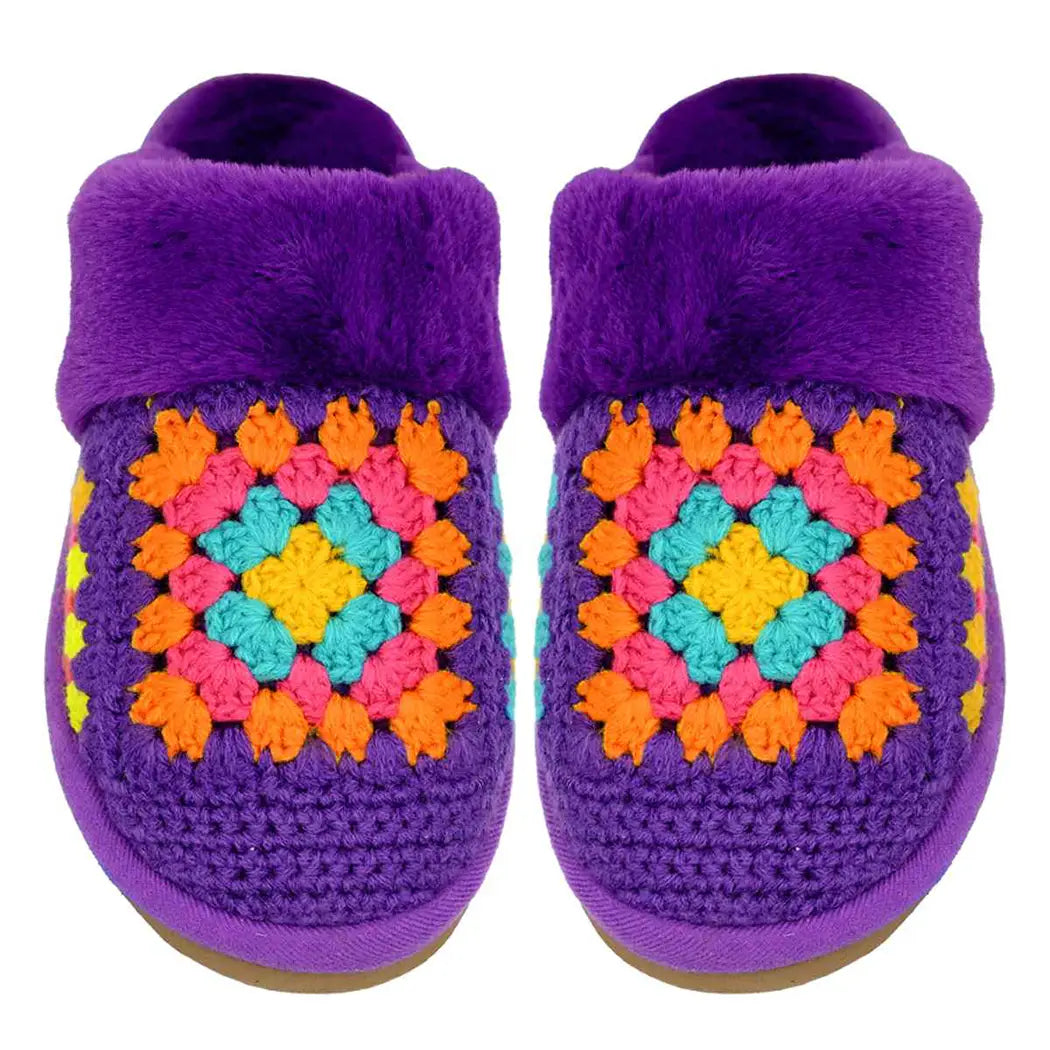 Purple - Handmade Crochet w Faux Fur Soft Home Slippers