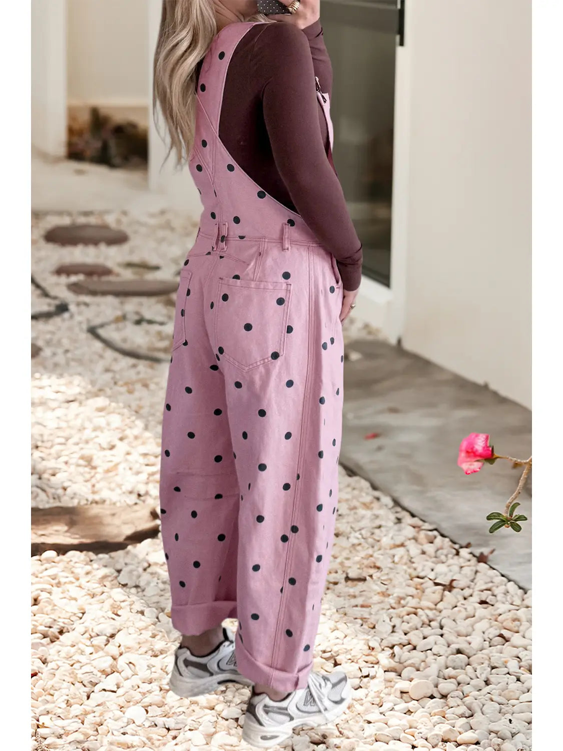 Pink with Black Dot Print Denim Barrel Overalls