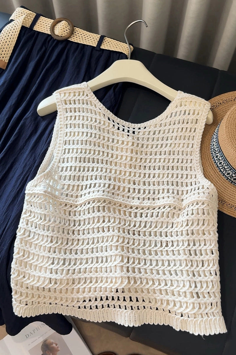 Buttoned Lace Sleeveless Top with Crochet Details