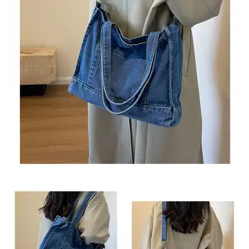 Casual Denim Shoulder Tote Bag with Crossbody Strap