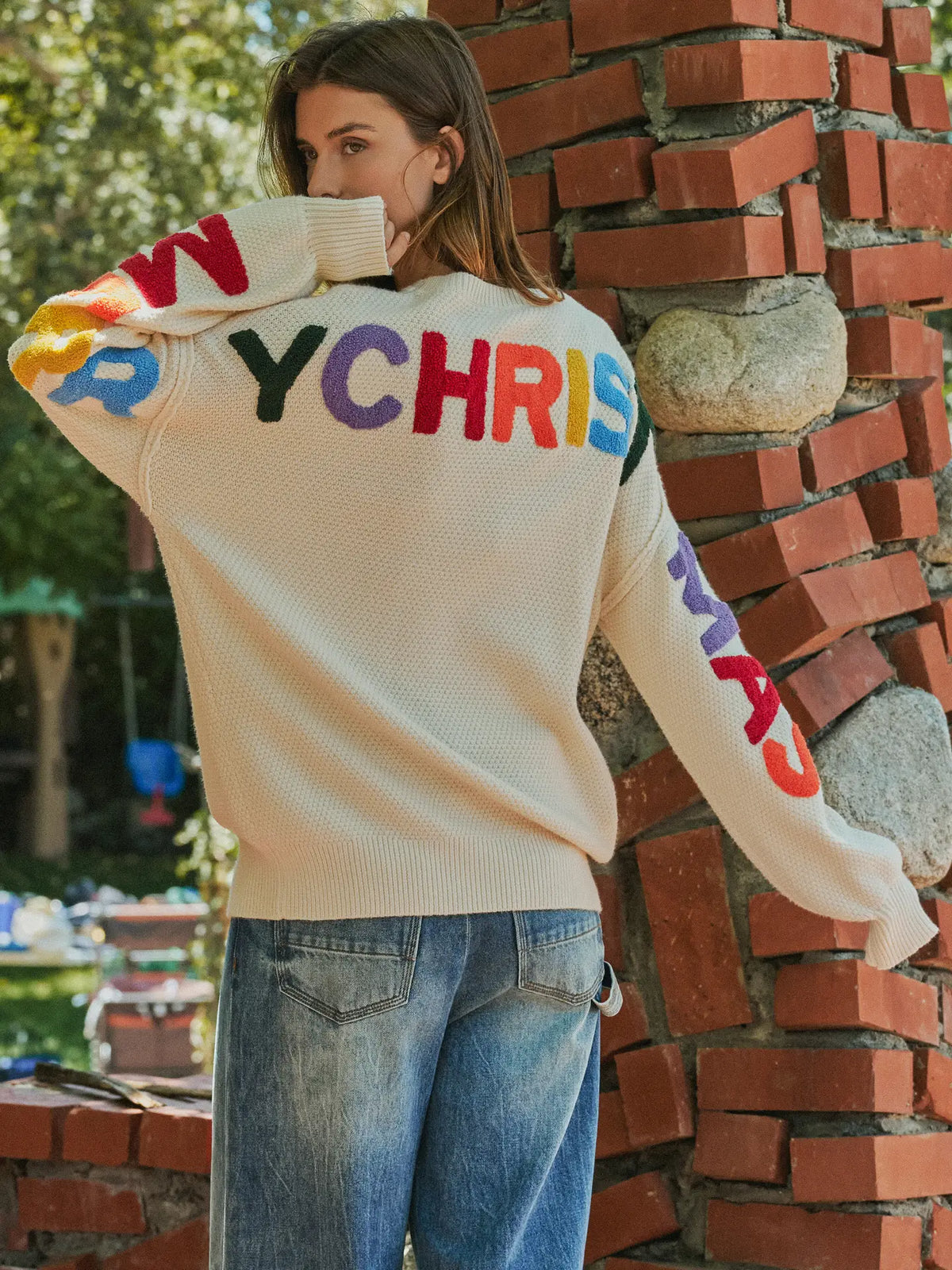 Multicolor Graphic Lettering Oversized Christmas Sweater