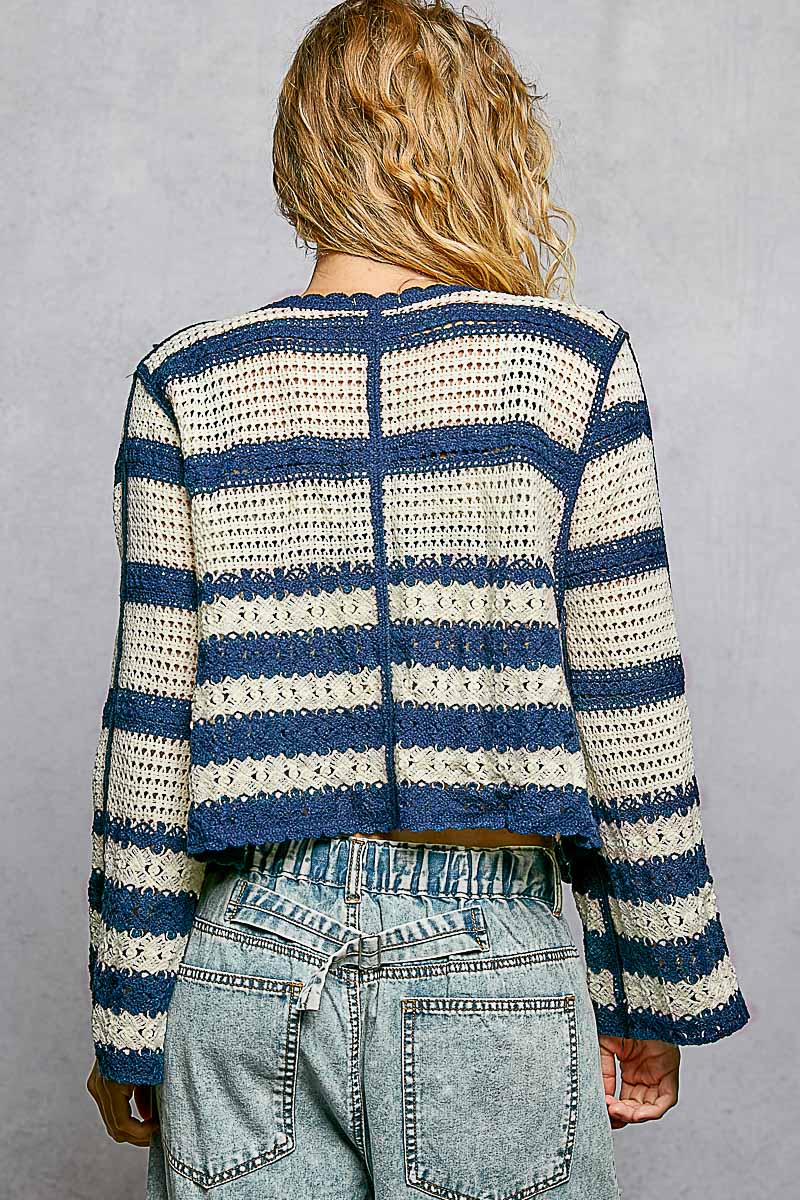Stripes & Florals Embroidered Crochet Cardigan Top