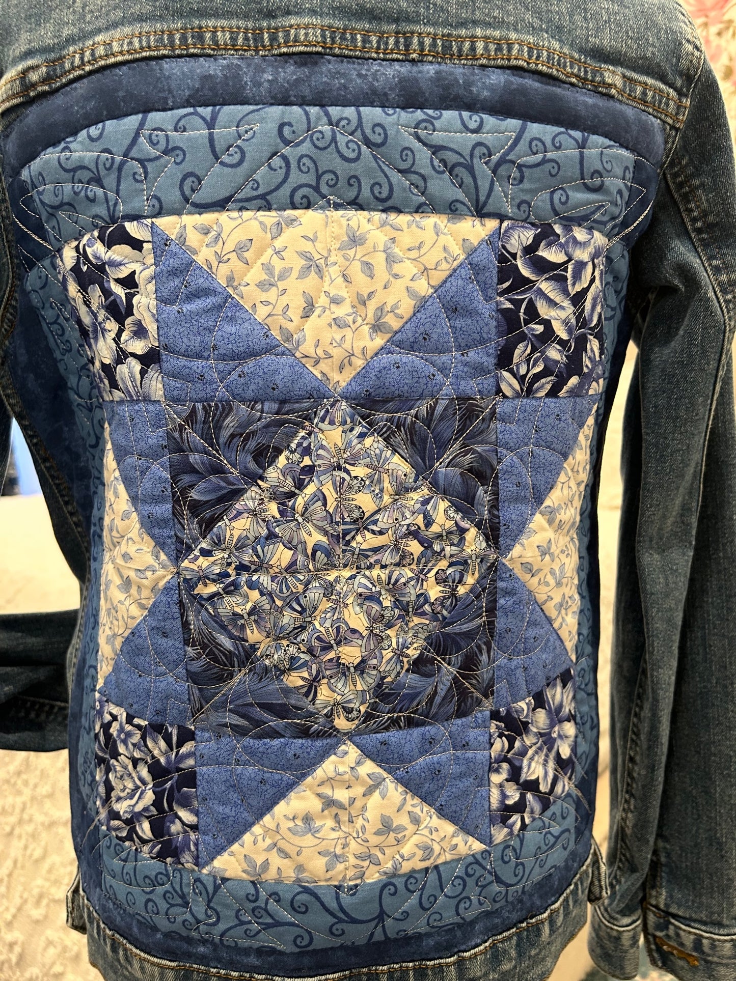 Redesigned Denim Jacket - Railroad Crossing Block (Quilted Panel)