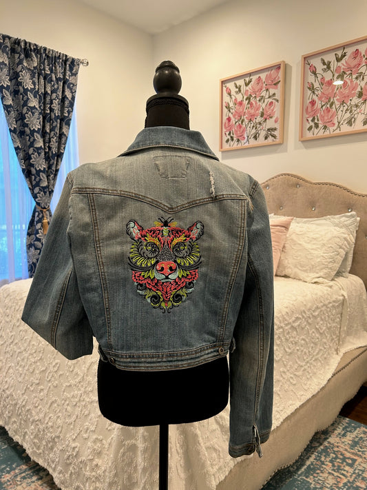 Redesigned Denim Cropped Jacket - Floral Bear and Lace