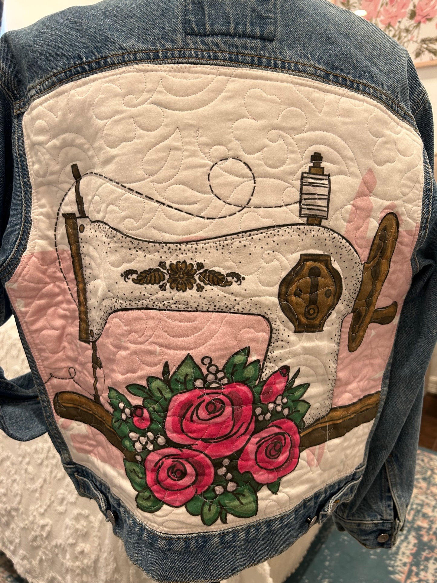 Redesigned Denim Jacket - Antique Sewing Machine (Quilted Panel)