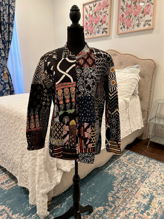Quilted Kantha Jacket - Black Patchwork Nehru Design