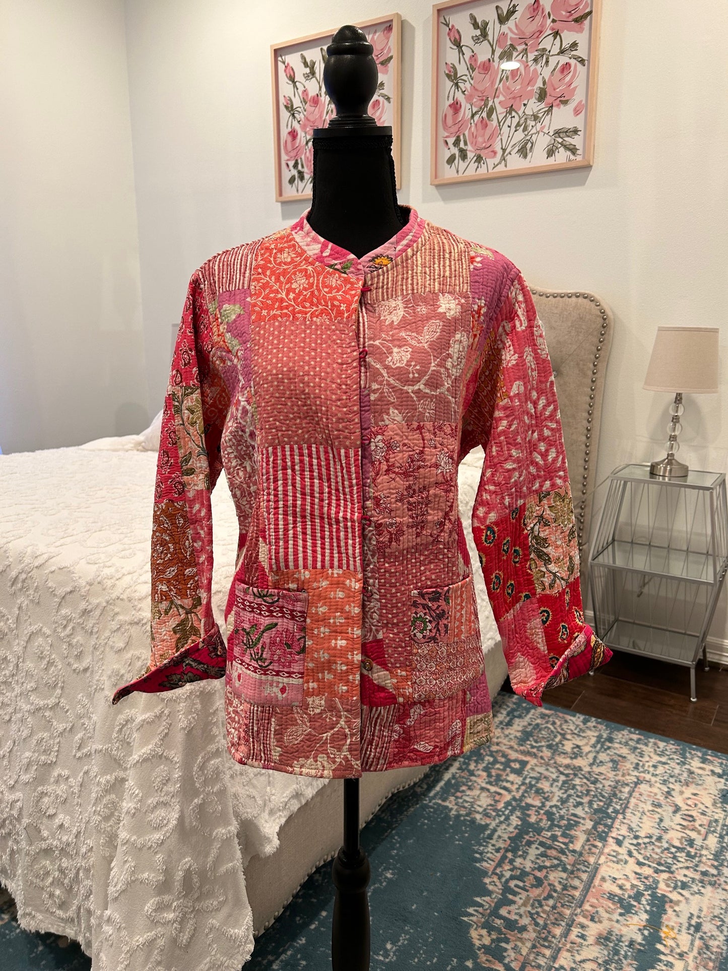 Quilted Kantha Jacket - Pink Nehru Design