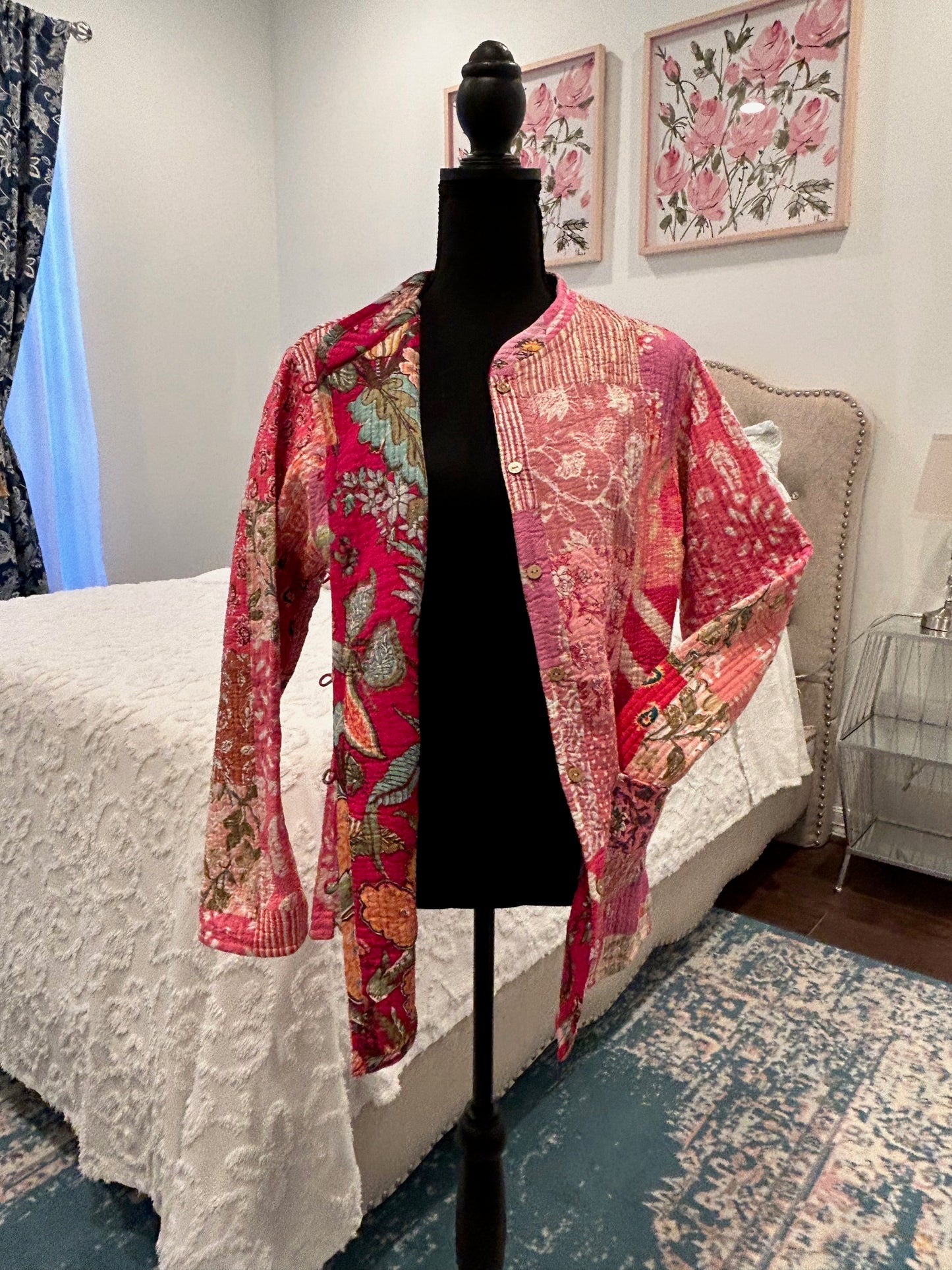 Quilted Kantha Jacket - Pink Nehru Design