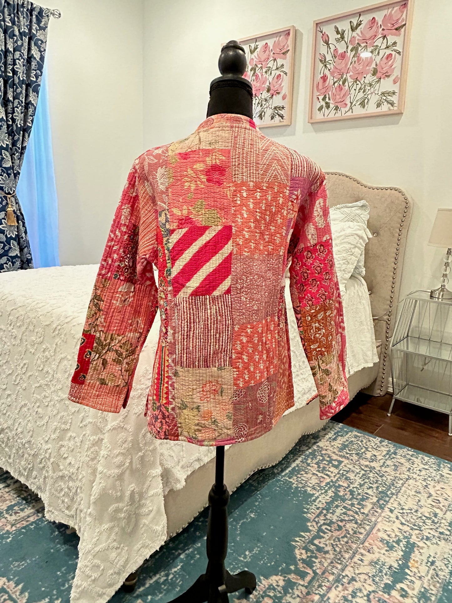 Quilted Kantha Jacket - Pink Nehru Design