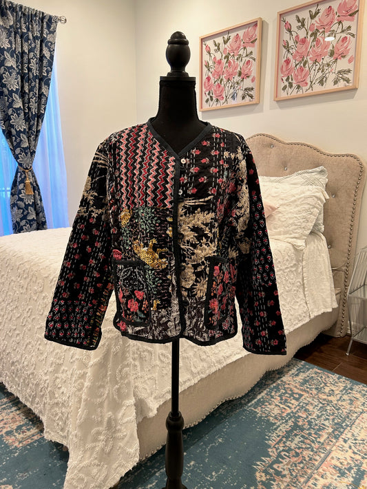 Quilted Kantha Jacket - Black Floral Patchwork