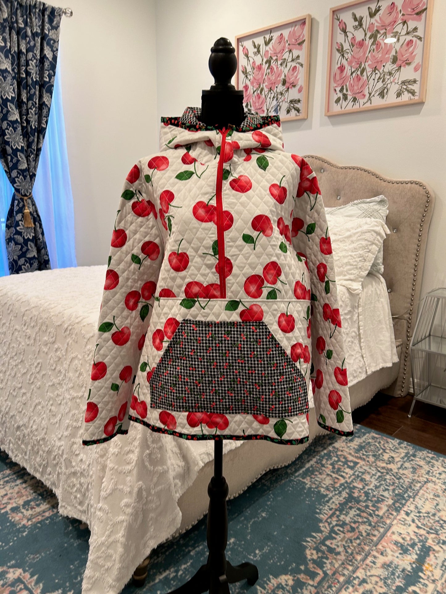 Quilted 1/2 Zip Hoodie - Double the Cherries (Size Medium)