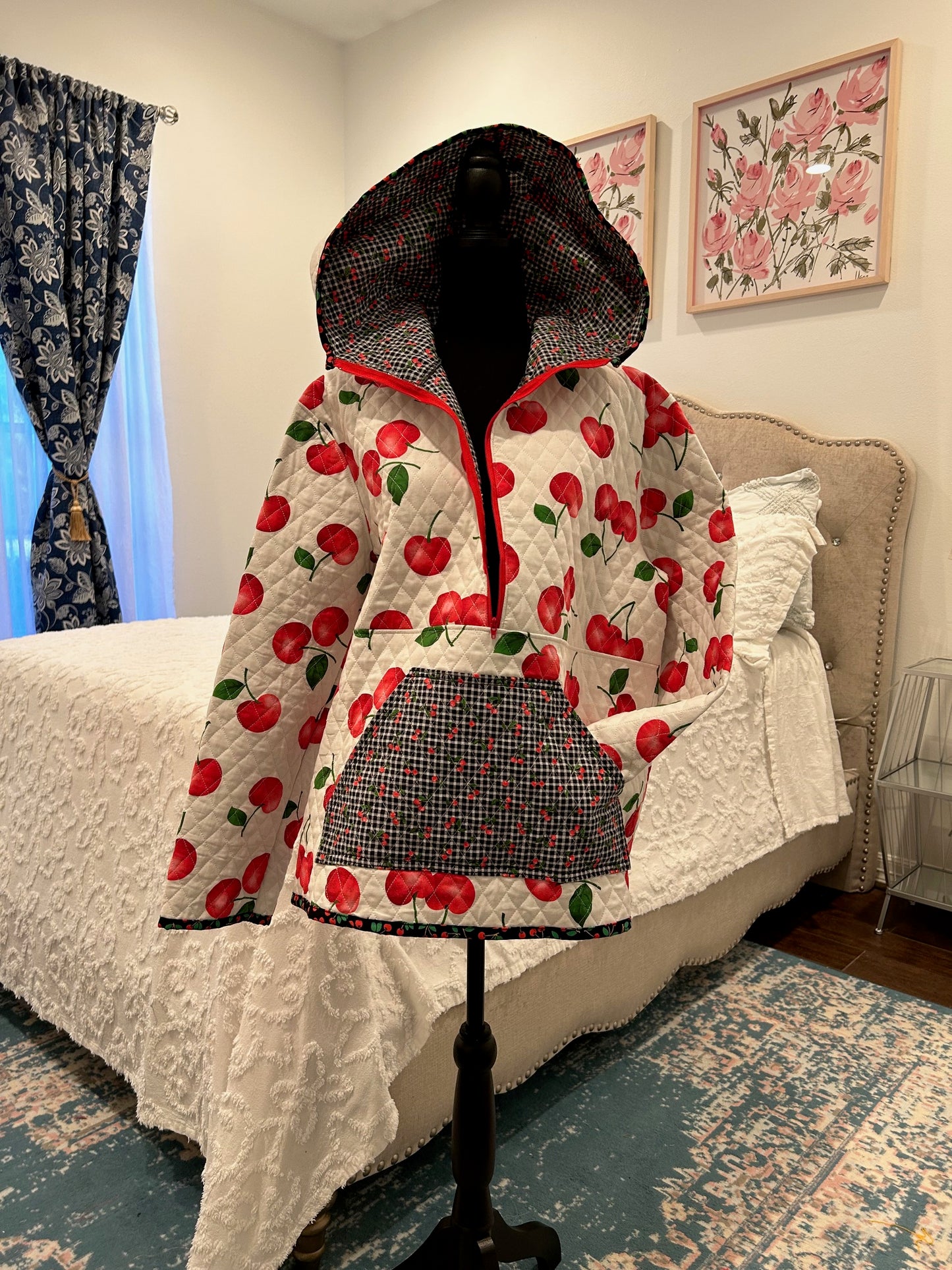 Quilted 1/2 Zip Hoodie - Double the Cherries (Size Medium)