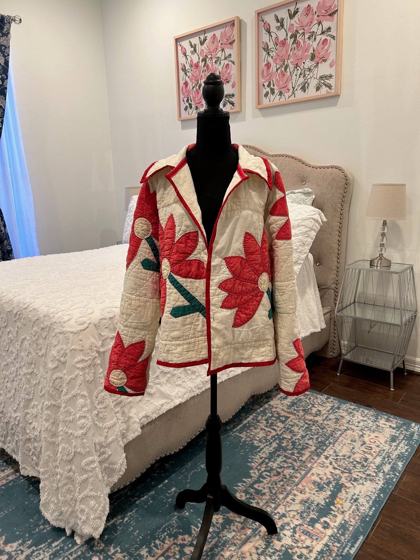 Vintage Quilted Jacket - Red Flower Appliqued Jacket