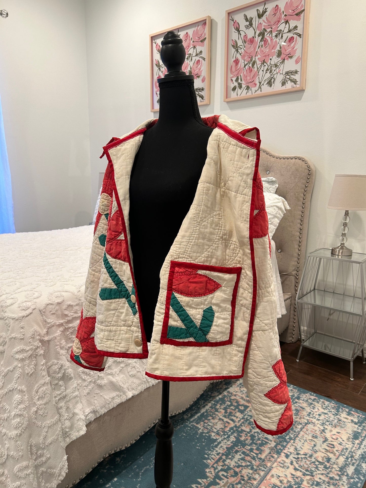 Vintage Quilted Jacket - Red Flower Appliqued Jacket