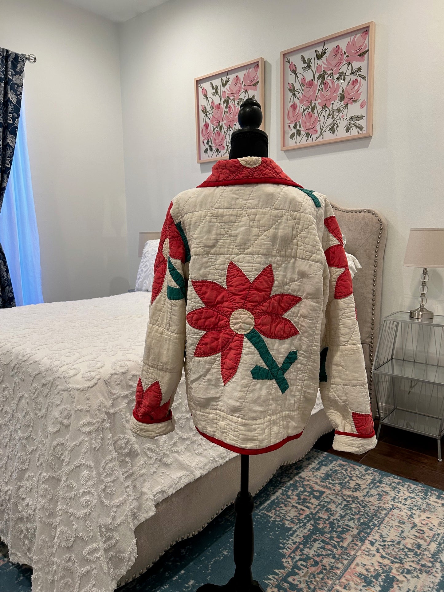 Vintage Quilted Jacket - Red Flower Appliqued Jacket