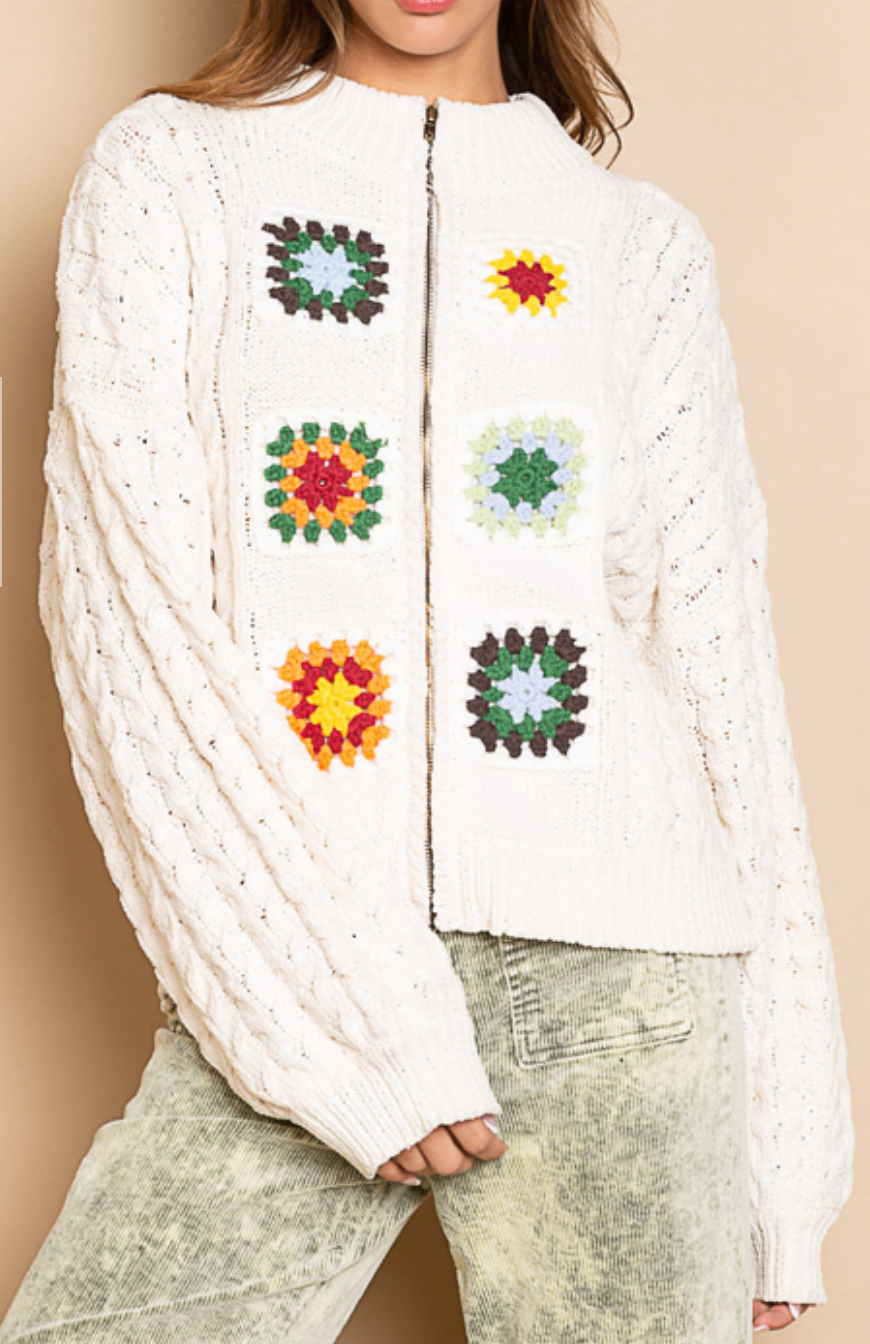 POL Crochet Zipper Sweater