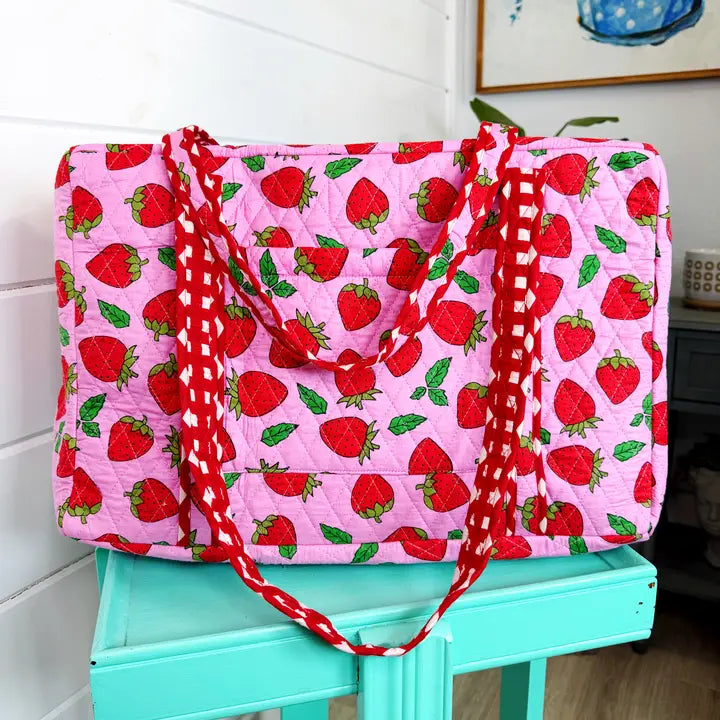 Quilted Strawberry Print Quilted Weekender Duffle Bag