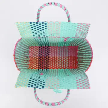 Pink Multicolored Retro Woven PVC Tote Bag with Button Closure
