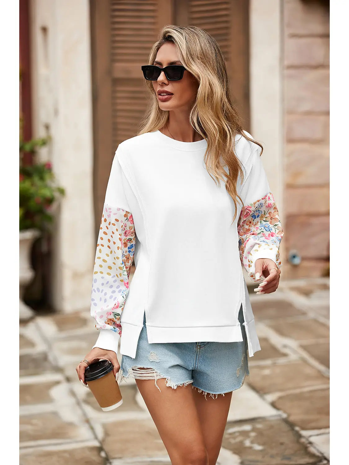 Floral & Print Patchwork Long-Sleeved Sweatshirt