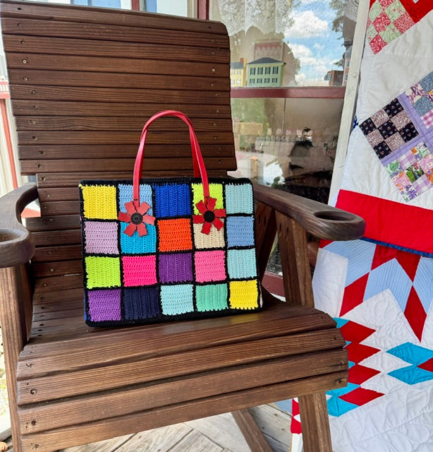 Large Multi-Colored Squares Crochet bag with Red Leather Straps Daisy embellishments
