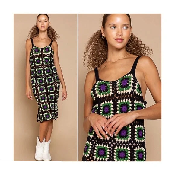 POL Bodycon Granny Square Crochet Dress with side slit