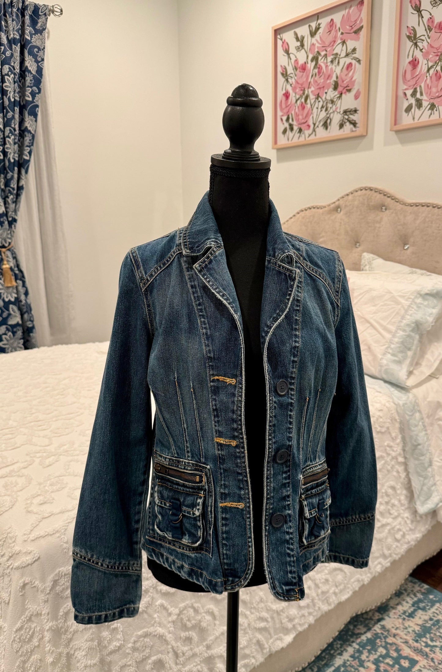 Redesigned Denim Blazer Jacket - Floral Deer Head