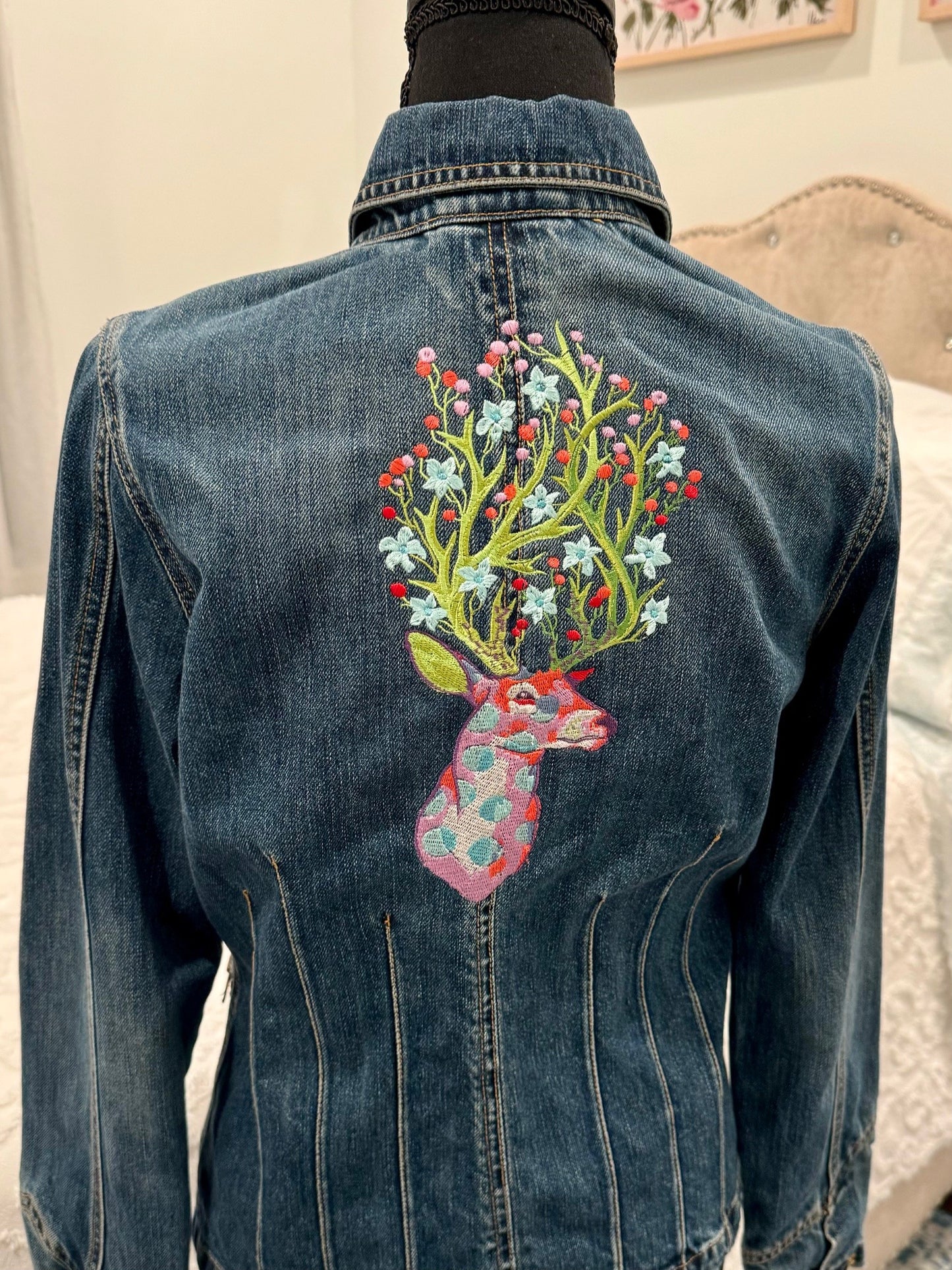 Redesigned Denim Blazer Jacket - Floral Deer Head