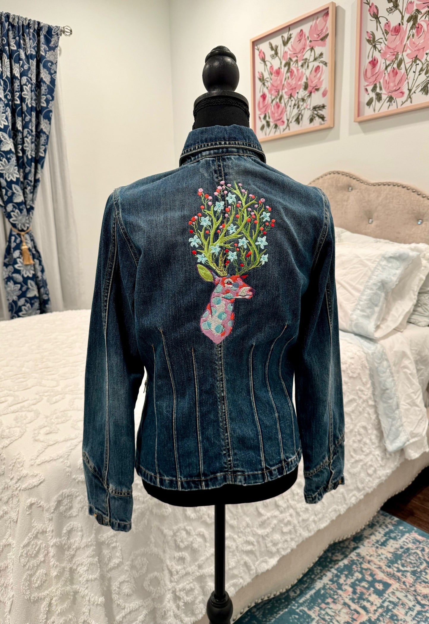 Redesigned Denim Blazer Jacket - Floral Deer Head