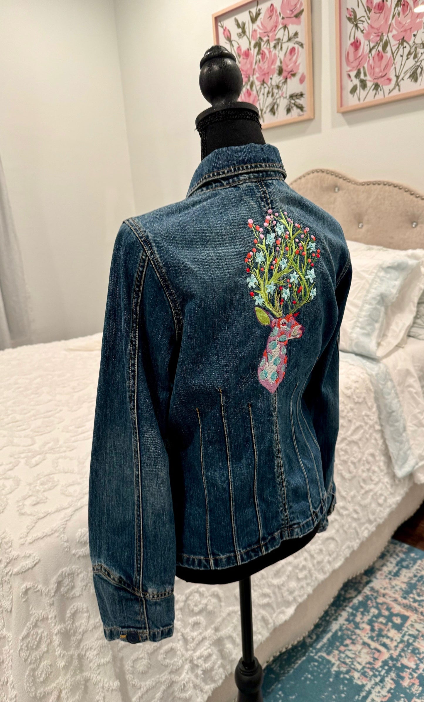 Redesigned Denim Blazer Jacket - Floral Deer Head