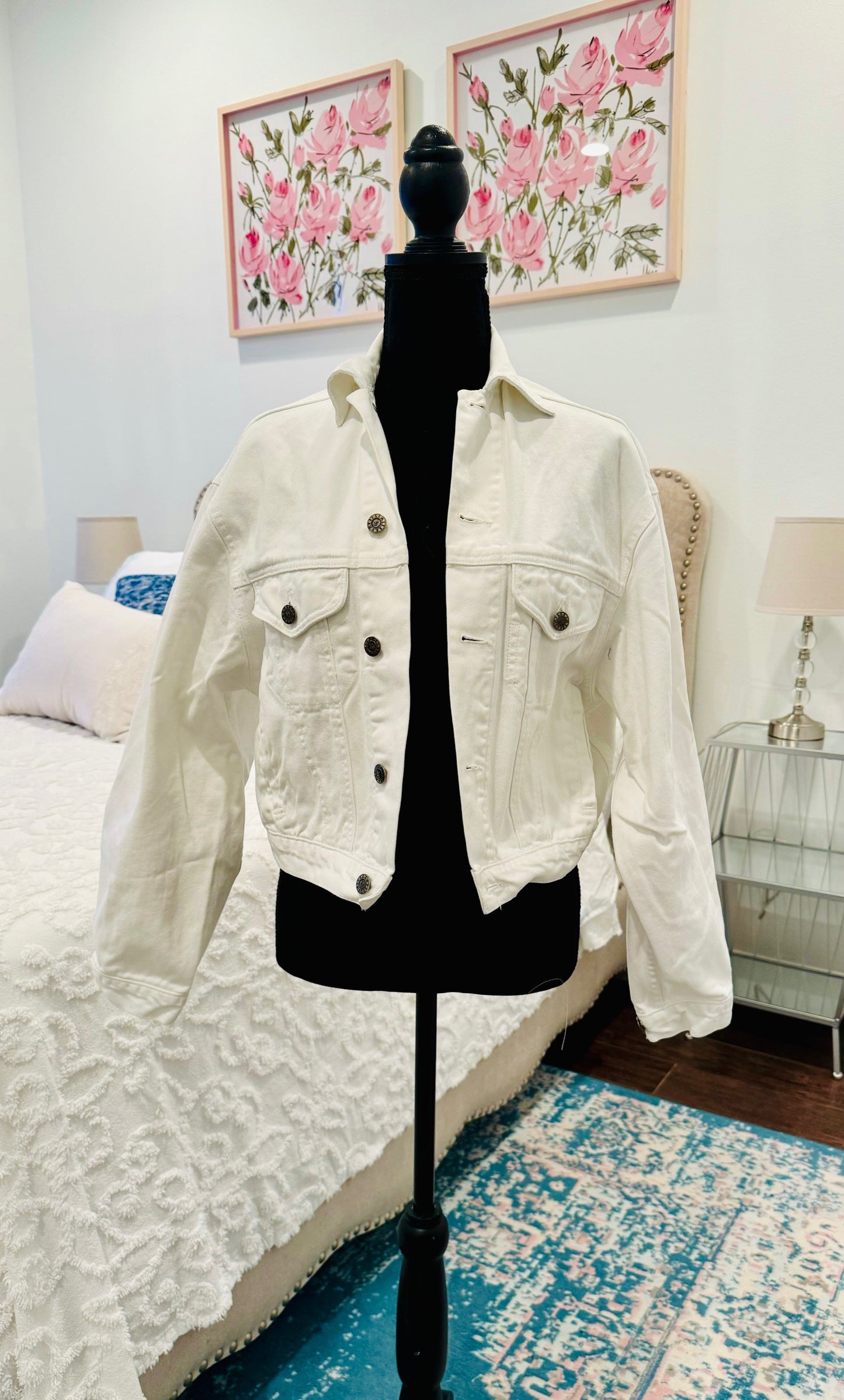 Redesigned White Denim Jacket - Our Lady of Guadalupe Sequin Applique