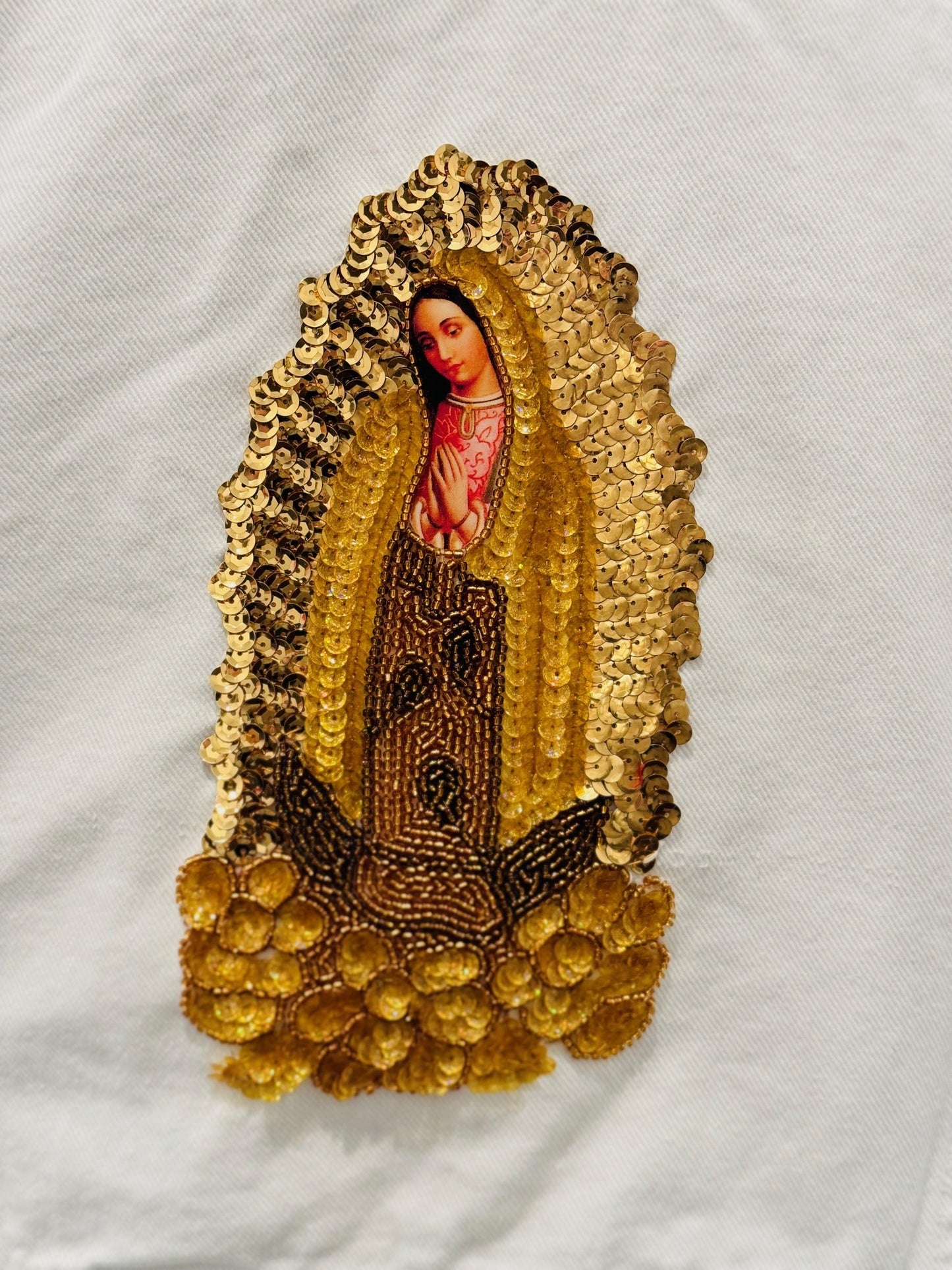Redesigned White Denim Jacket - Our Lady of Guadalupe Sequin Applique