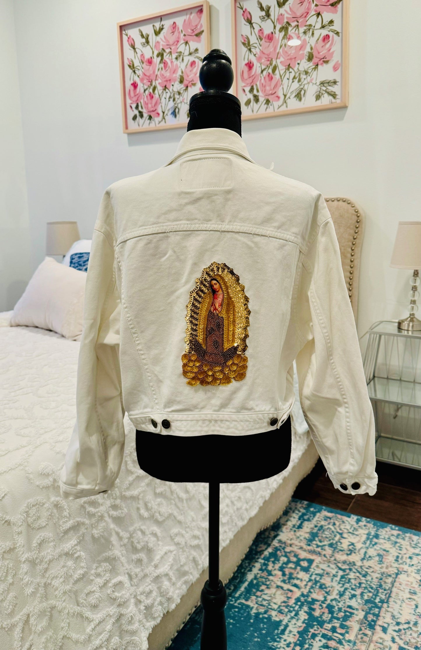 Redesigned White Denim Jacket - Our Lady of Guadalupe Sequin Applique