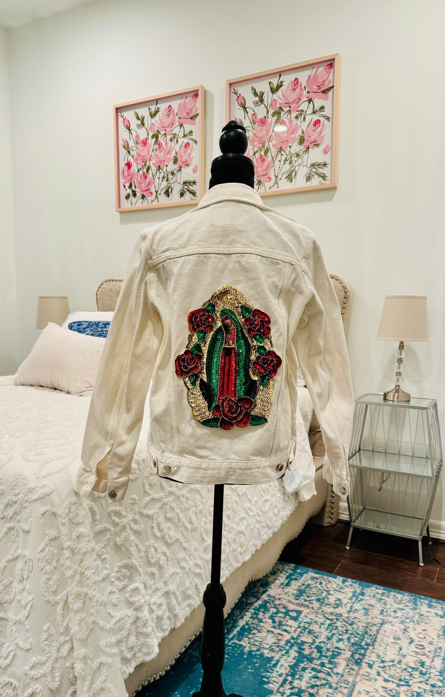 Redesigned White Denim Jacket - Our Lady of Guadalupe Sequin Applique