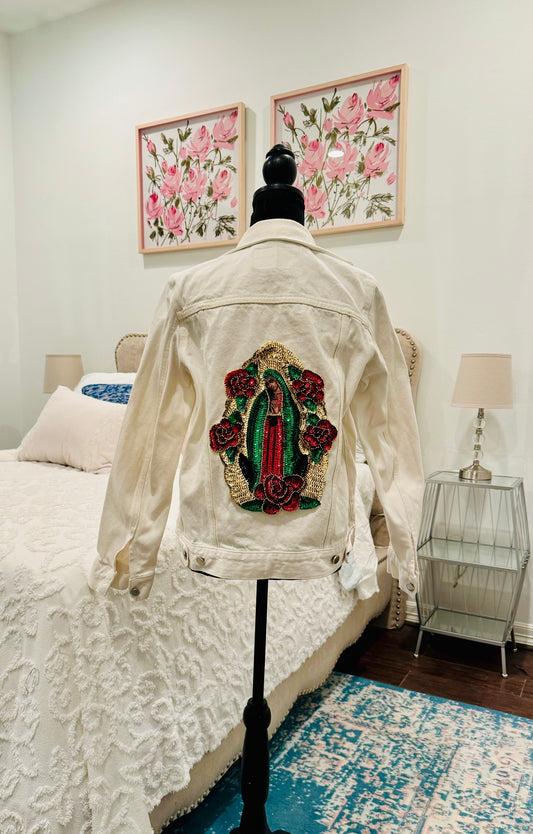 Redesigned White Denim Jacket - Our Lady of Guadalupe Sequin Applique