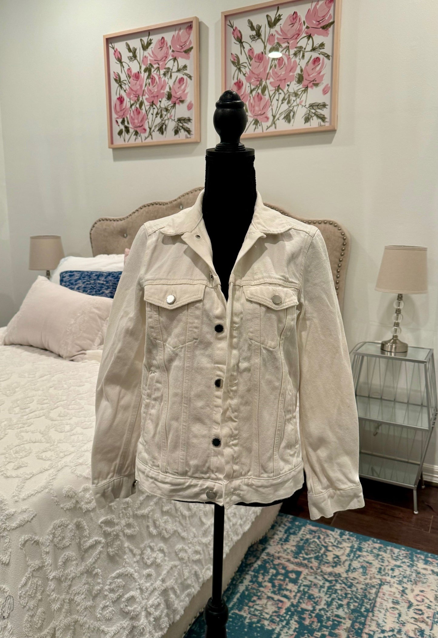 Redesigned White Denim Jacket - Our Lady of Guadalupe Sequin Applique