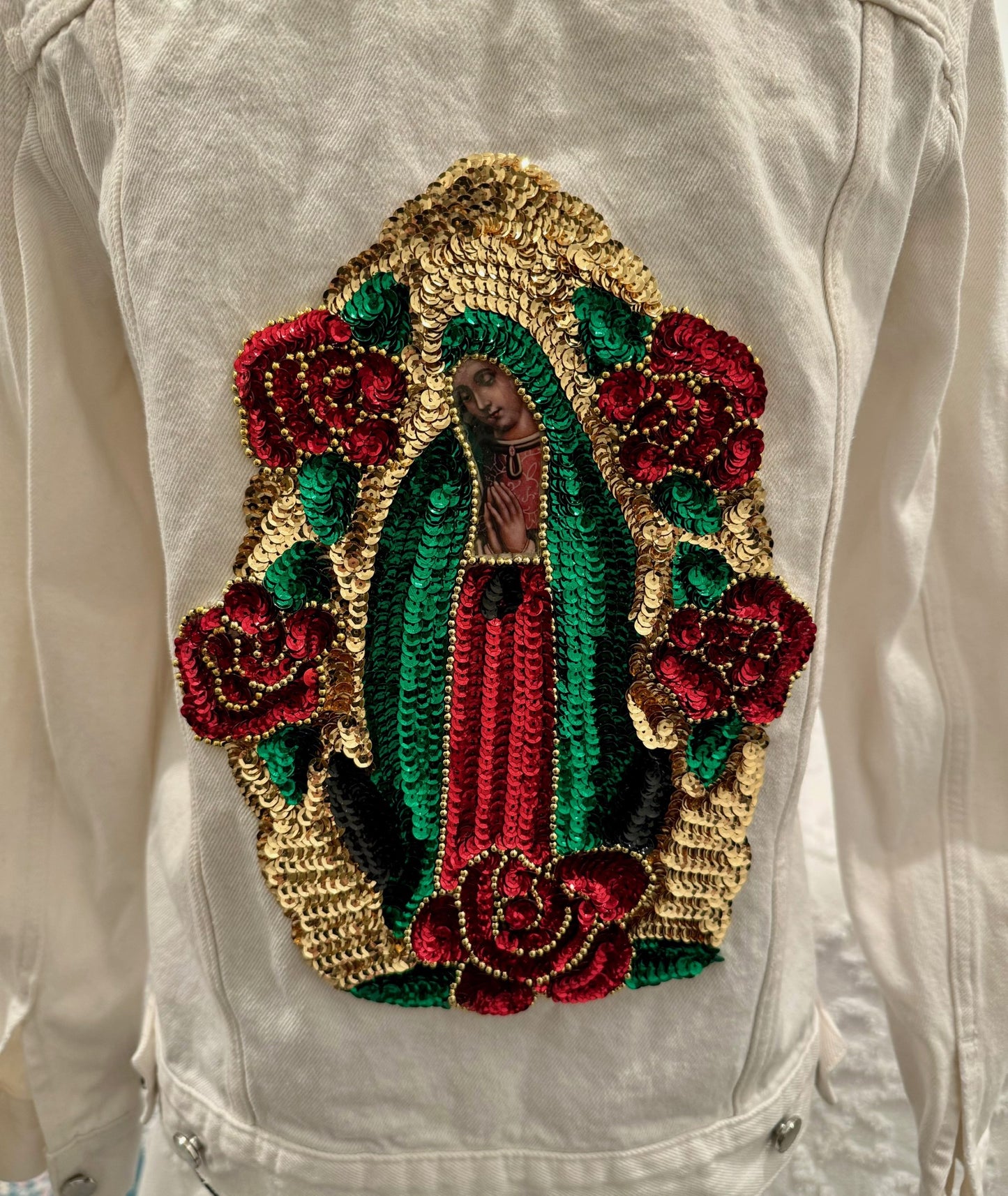 Redesigned White Denim Jacket - Our Lady of Guadalupe Sequin Applique