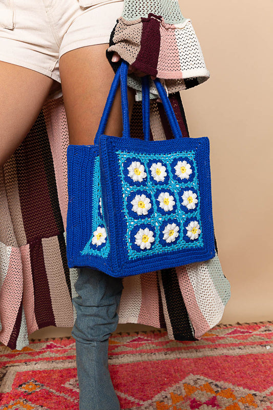Medium Blue Daisy Crochet bag with crocheted handles