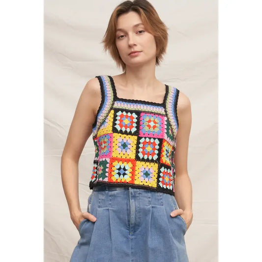 Sleeveless Crocheted Granny Square Tank Top