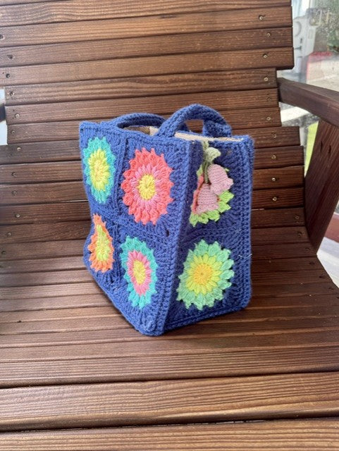 Medium Multi-colored Gerber Daisy Crochet bag with crocheted handles