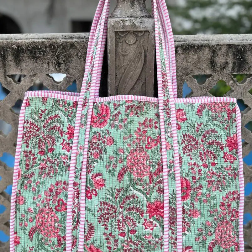Quilted Pink Floral/Green Background Printed Bag