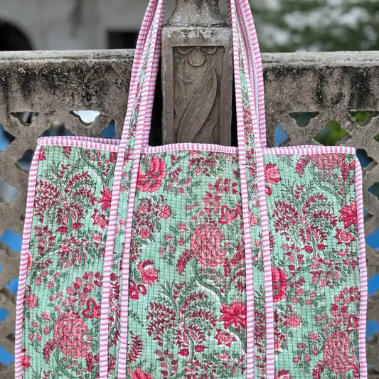 Quilted Pink Floral/Green Background Printed Bag