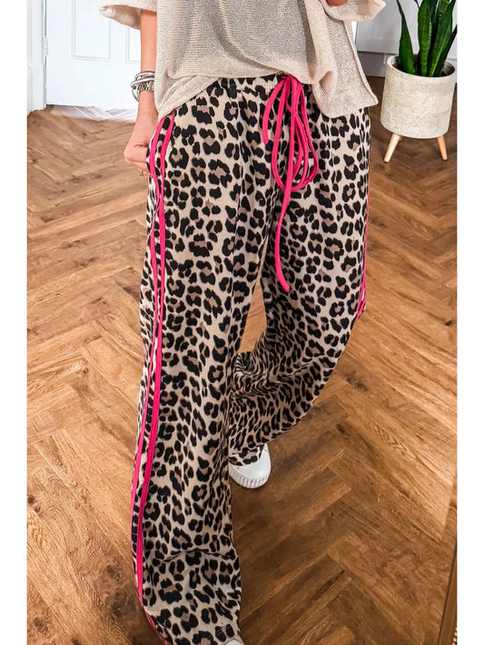 Leopard Print Casual Pants with Pink Contrast Detail