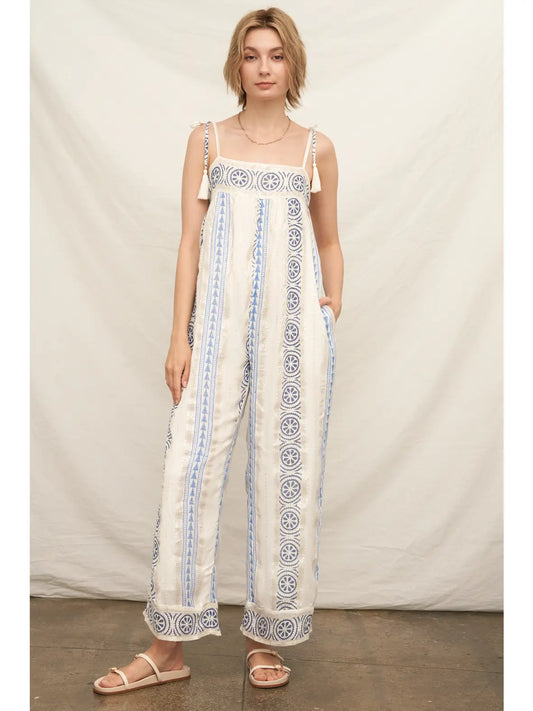 Embroidered Jumpsuit with Tassel Shoulder and Back Ties