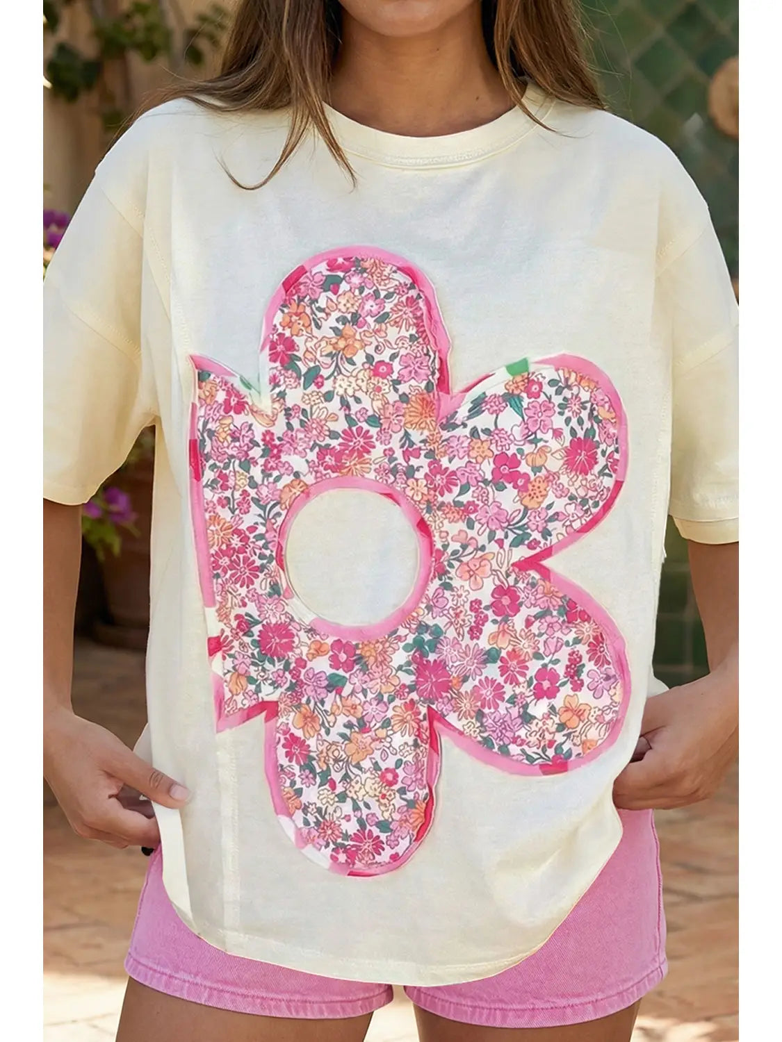 Floral Patched Raw Seam Big Flower Oversize Tee